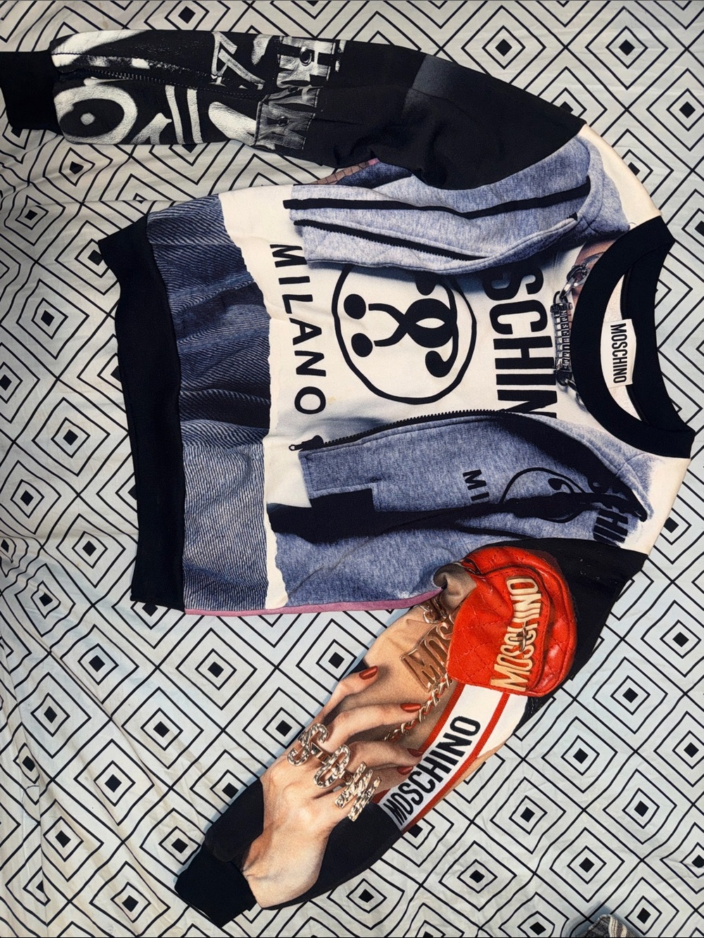 Moschino Multicolor Graphic Logo Pullover with Red Accent